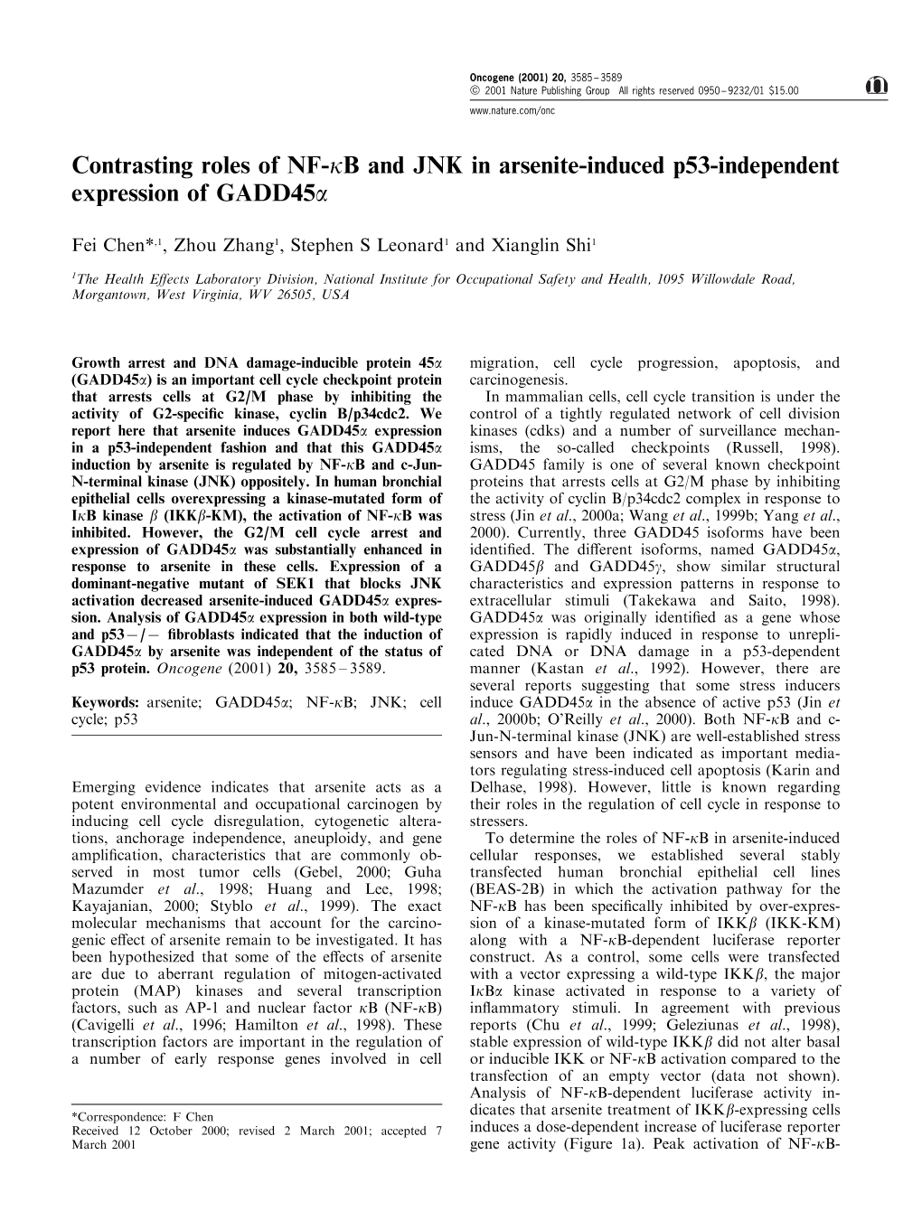 Contrasting Roles of NF-Kb and JNK in Arsenite-Induced P53-Independent Expression of Gadd45a