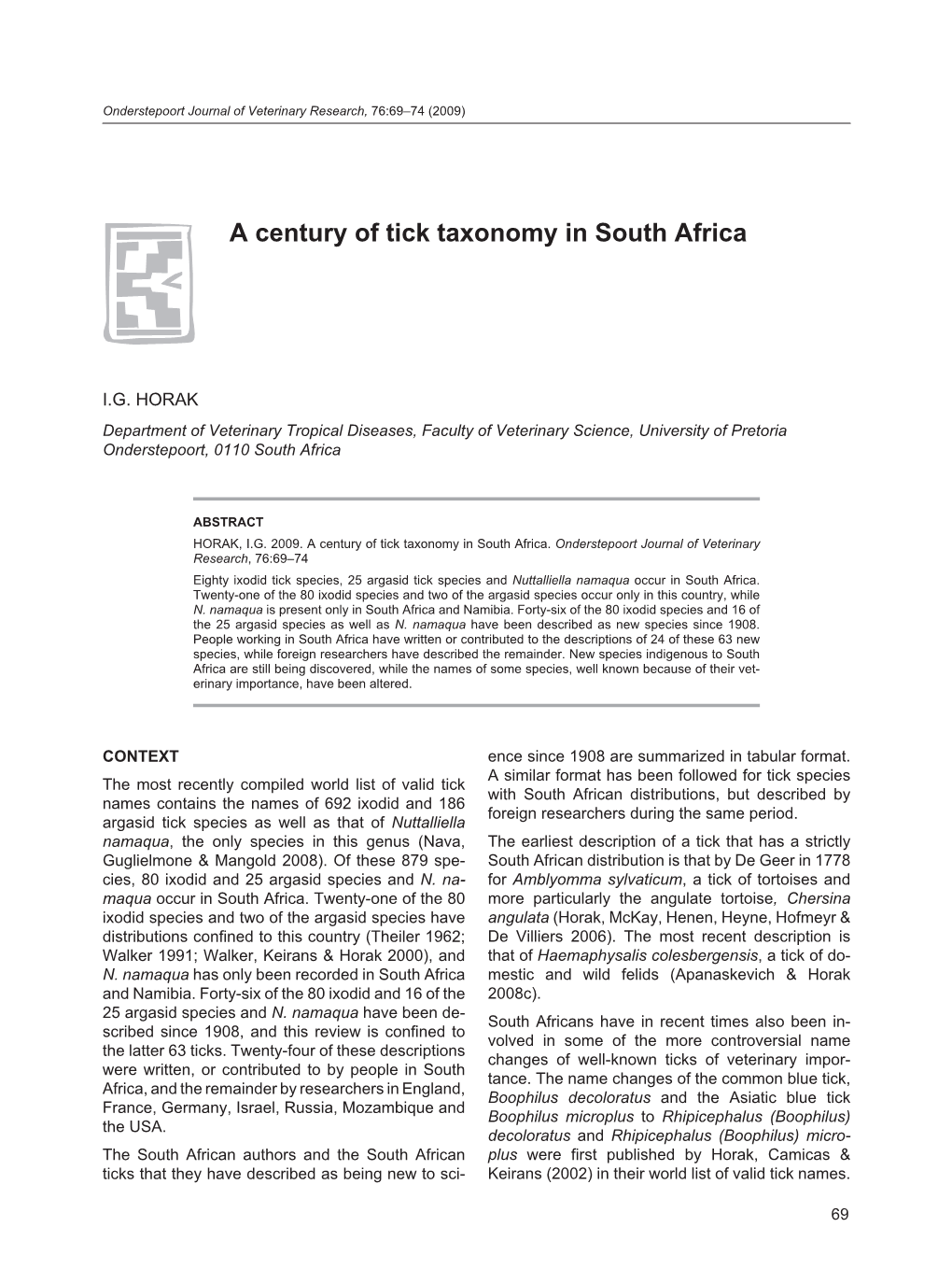 A Century of Tick Taxonomy in South Africa