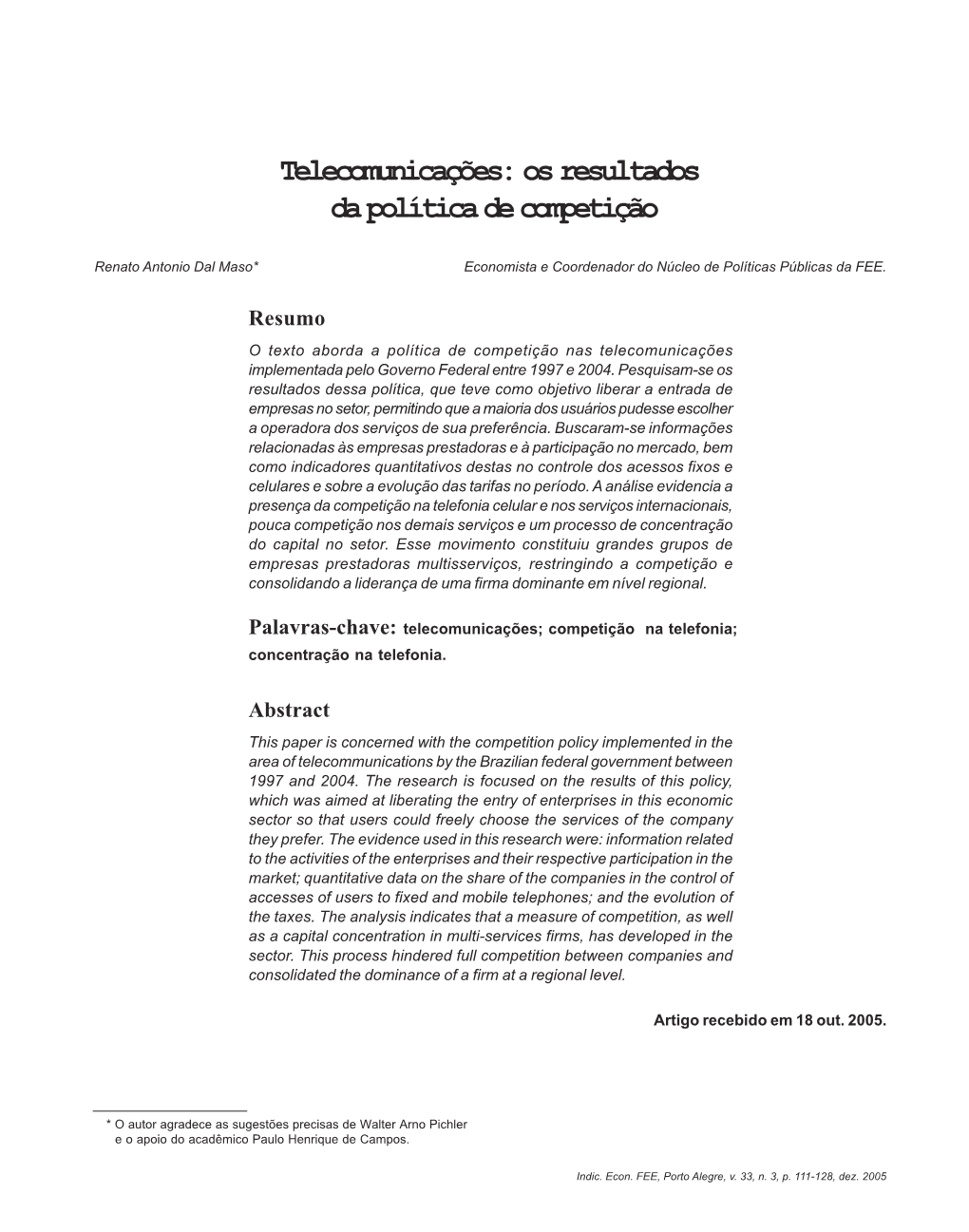Telecomunicações: Os Resultados Da Política De Competição 111