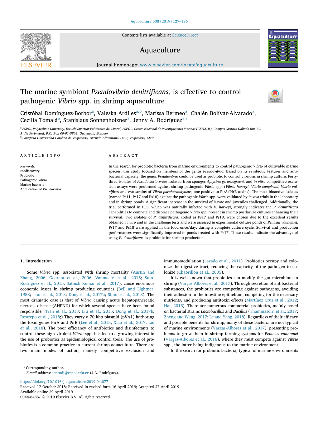 The Marine Symbiont Pseudovibrio Denitrificans, Is Effective to Control