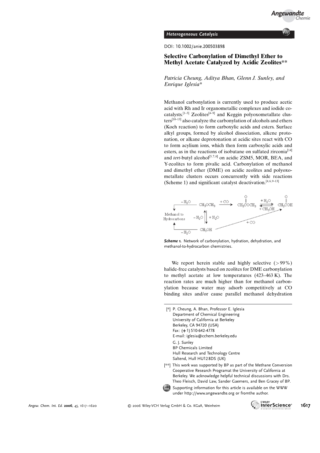 Selective Carbonylation of Dimethyl Ether to Methyl Acetate Catalyzed by Acidic Zeolites**
