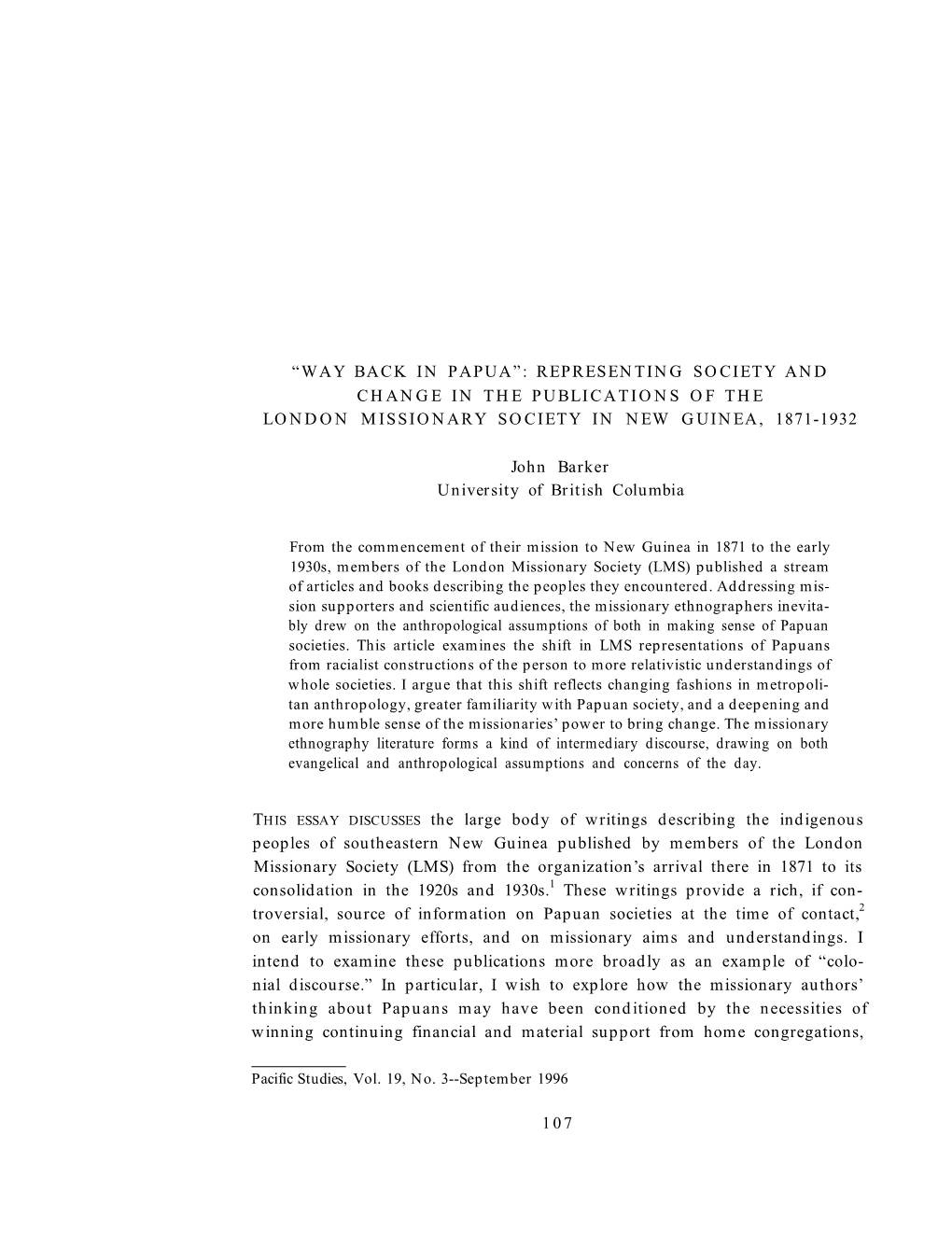 Way Back in Papua”: Representing Society and Change in the Publications of the London Missionary Society in New Guinea, 1871-1932