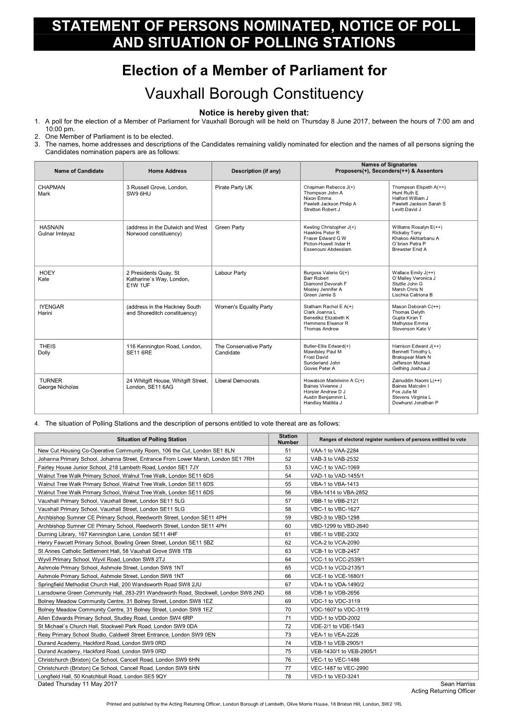 Statement of Persons Nominated, Notice of Poll and Situation of Polling Stations