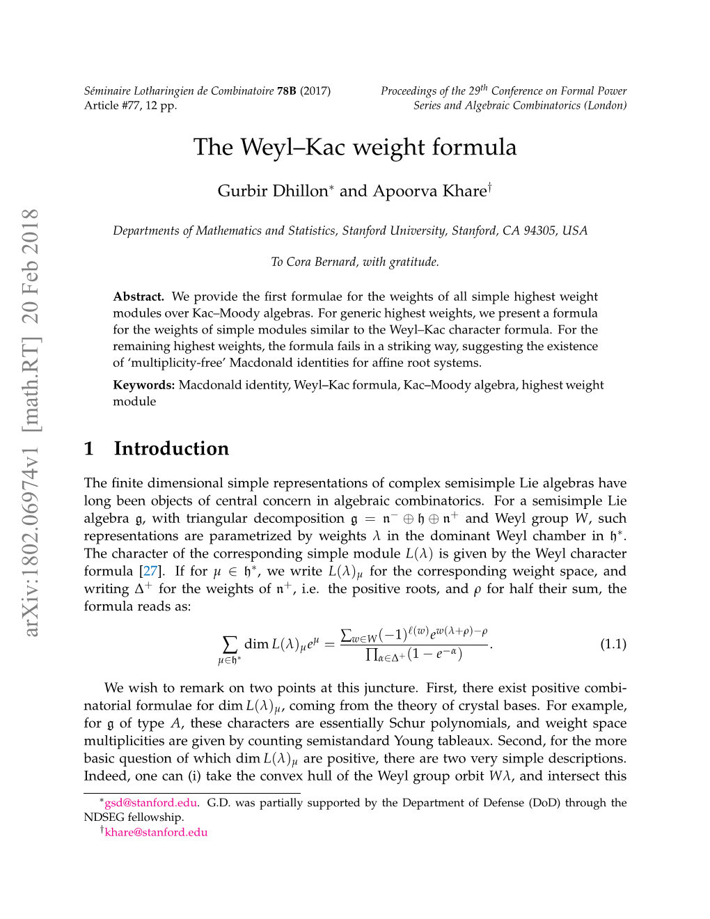 The Weyl-Kac Weight Formula