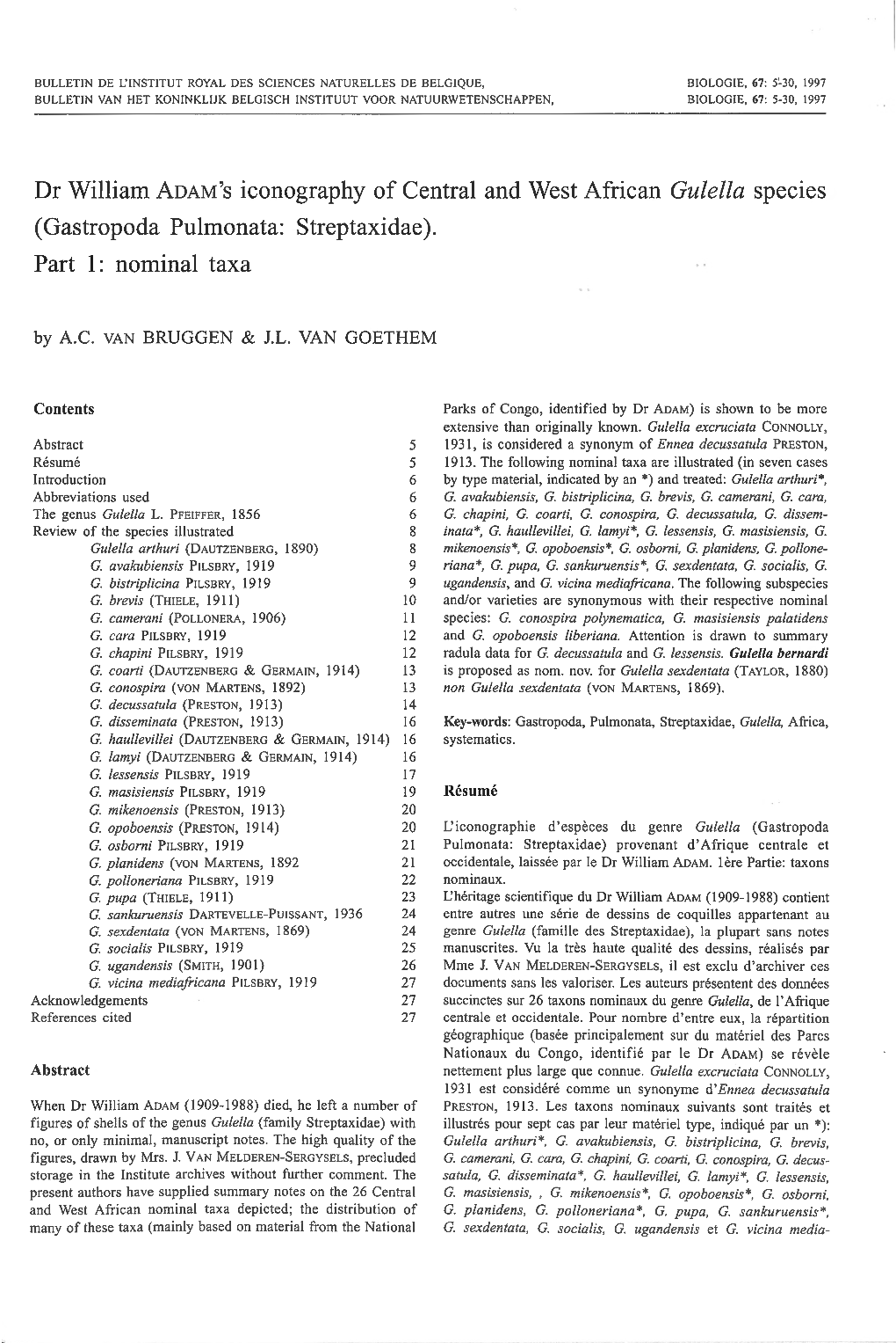 (Gastropoda Pulmonata: Streptaxidae ). Bulletin De L'jnstitut Royal Des Sciences Natureli Es De Belgique, Biologie, 64: 71-97