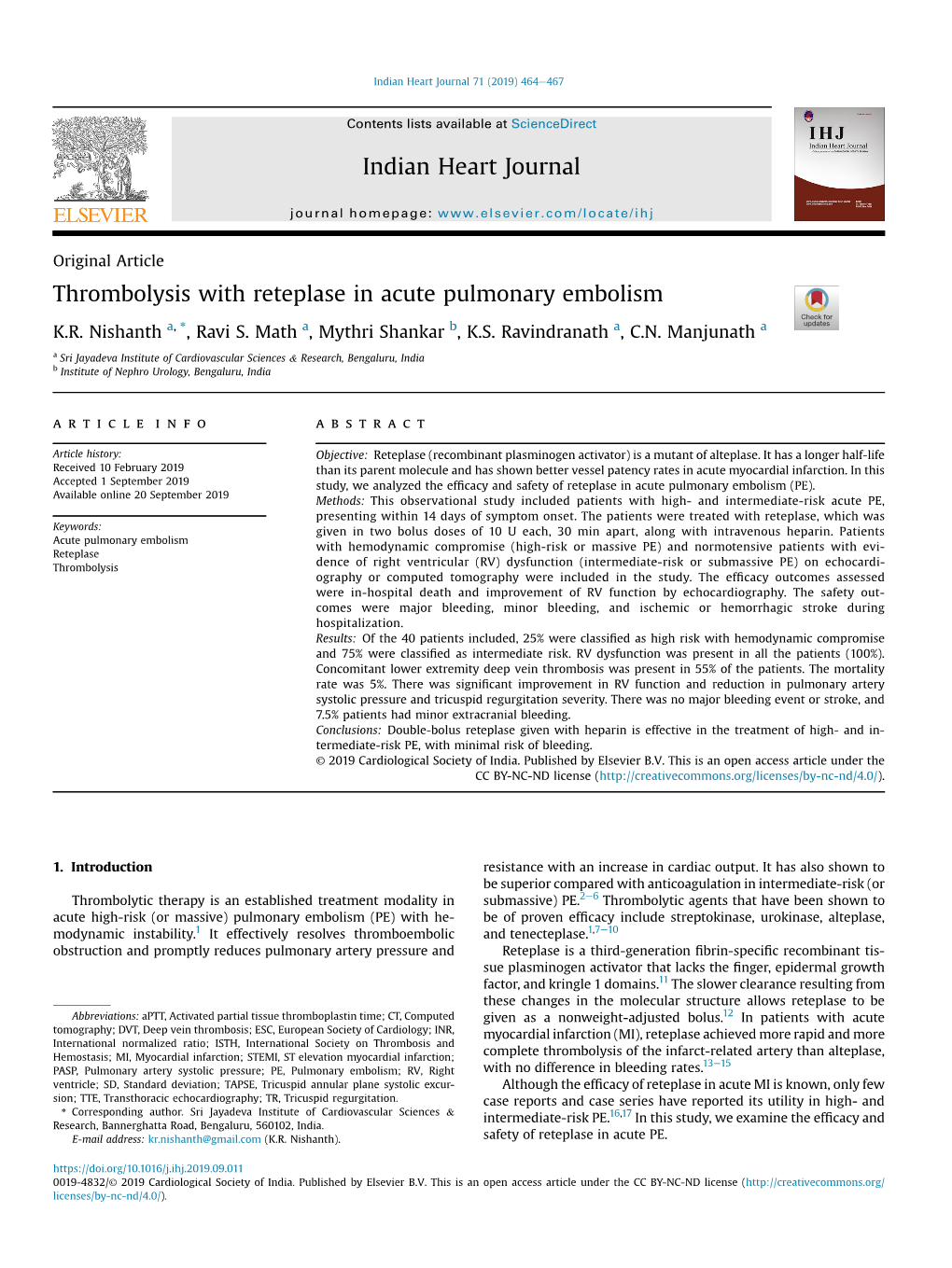 Thrombolysis with Reteplase in Acute Pulmonary Embolism