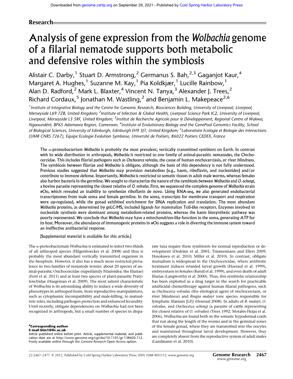 Analysis of Gene Expression from the Wolbachia Genome of a Filarial Nematode Supports Both Metabolic and Defensive Roles Within the Symbiosis