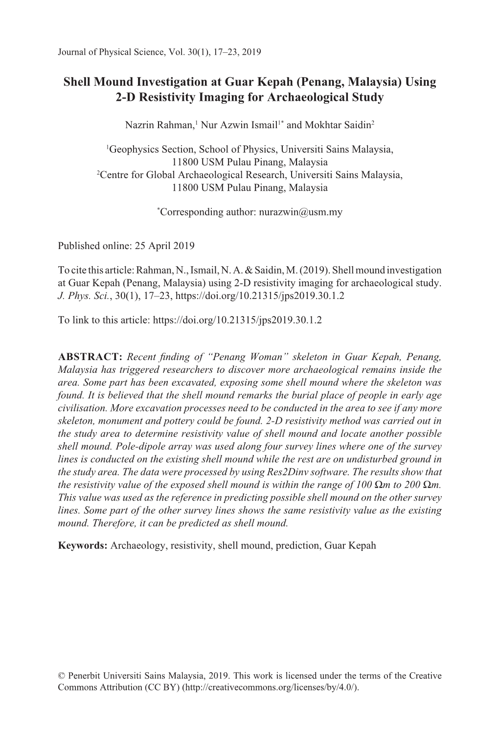 Shell Mound Investigation at Guar Kepah (Penang, Malaysia) Using 2-D Resistivity Imaging for Archaeological Study