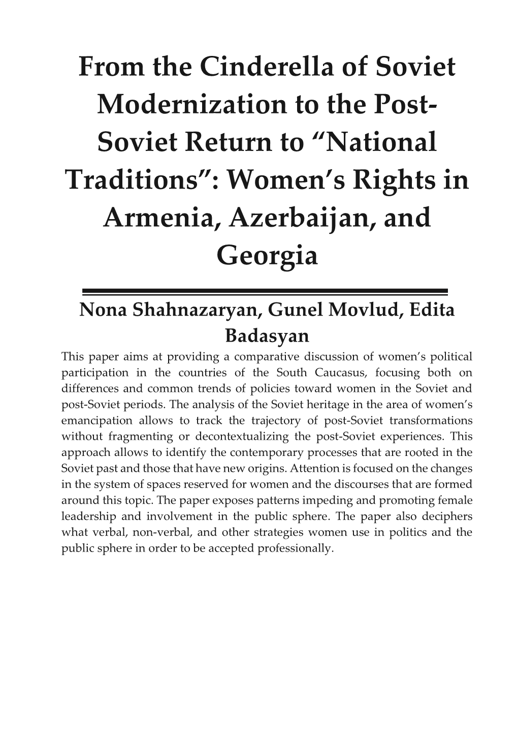 “National Traditions”: Women's Rights in Armenia