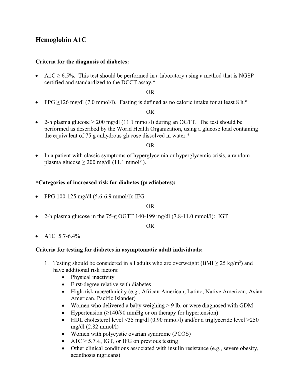 Criteria for the Diagnosis of Diabetes