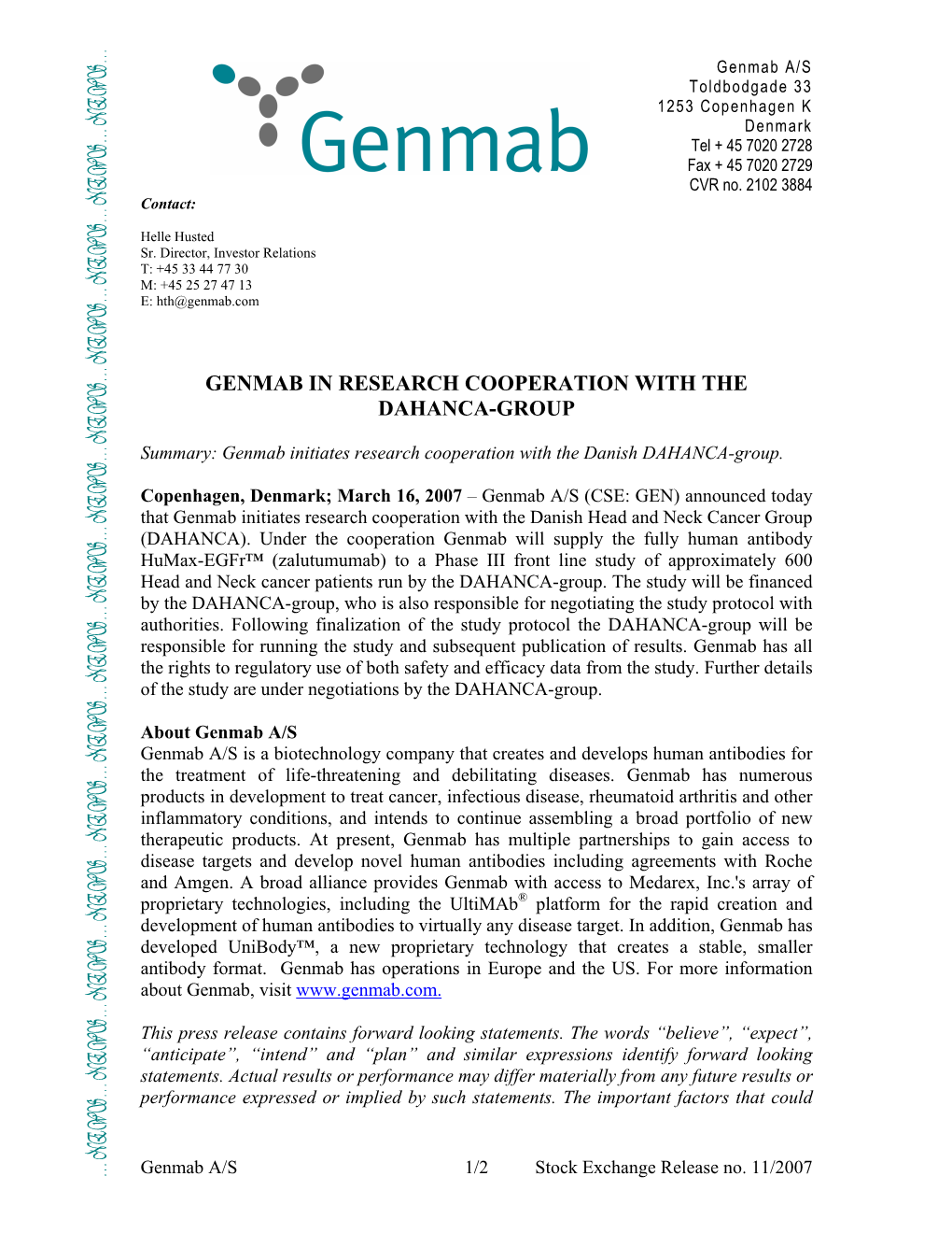 Genmab in Research Cooperation with the Dahanca-Group
