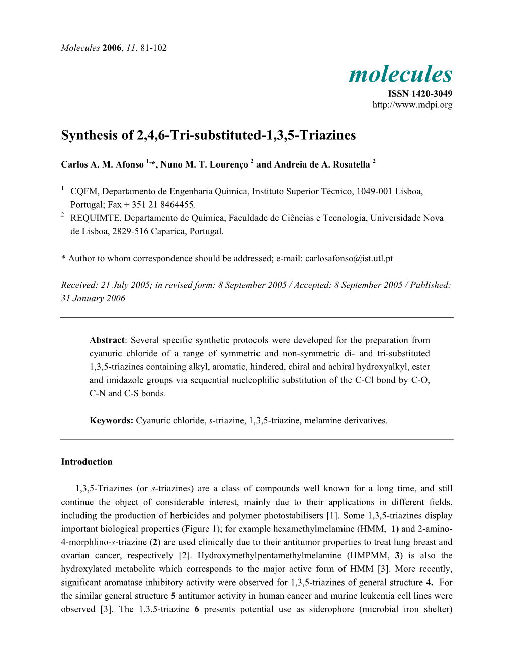 Synthesis of 2, 4, 6-Tri-Substituted-1, 3, 5-Triazines