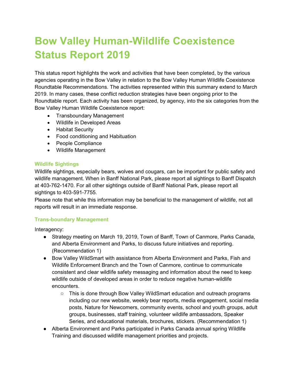 Bow Valley Human-Wildlife Coexistence Status Report 2019