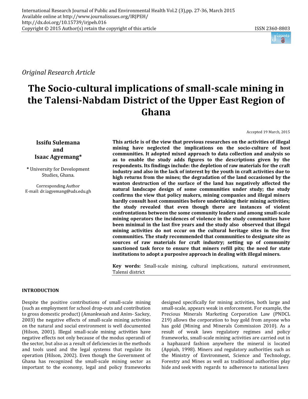 The Socio-Cultural Implications of Small-Scale Mining in the Talensi-Nabdam District of the Upper East Region of Ghana