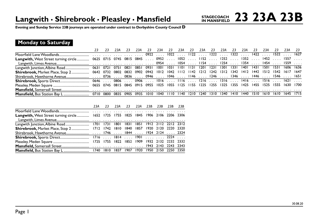 23 23A 23B Evening and Sunday Service 23B Journeys Are Operated Under Contract to Derbyshire County Council Db