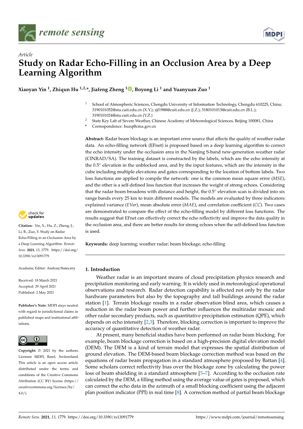 Study on Radar Echo-Filling in an Occlusion Area by a Deep Learning Algorithm