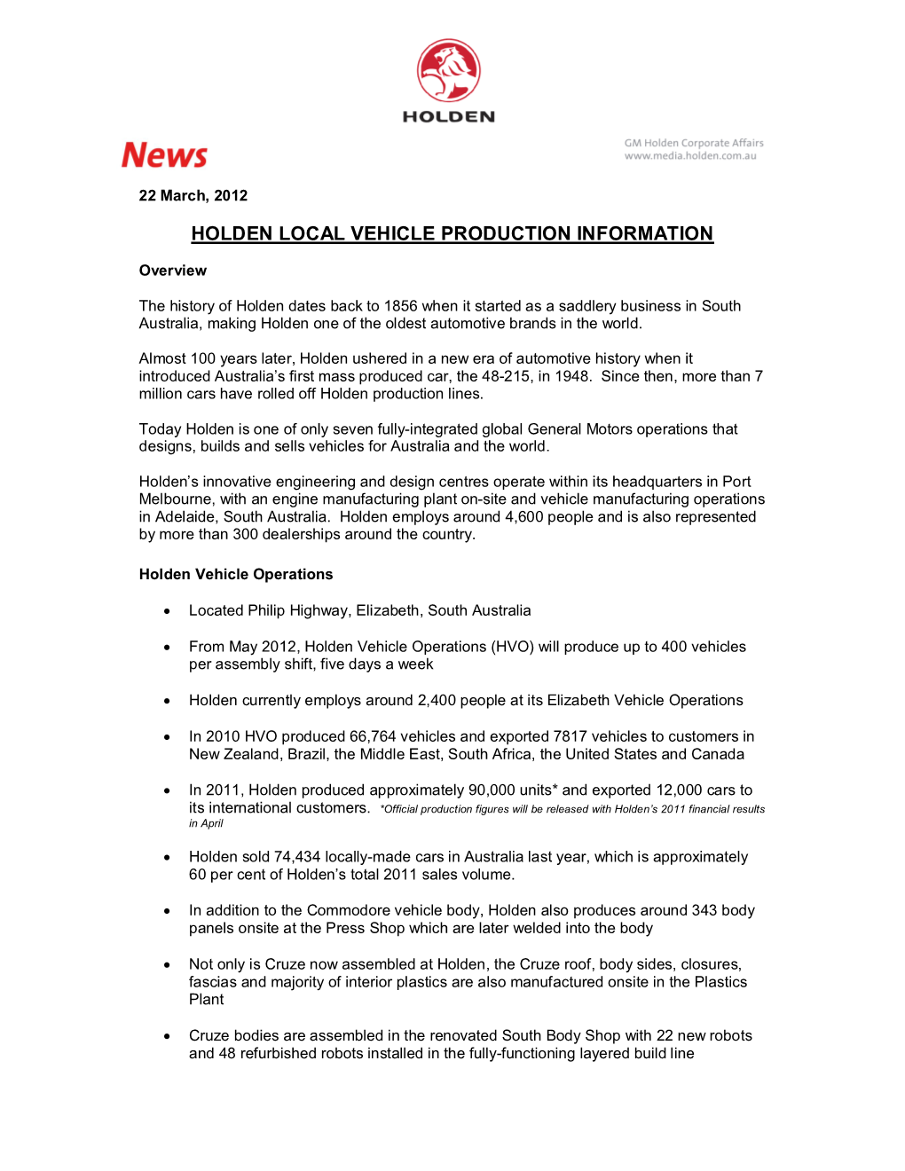 Holden Local Vehicle Production Information