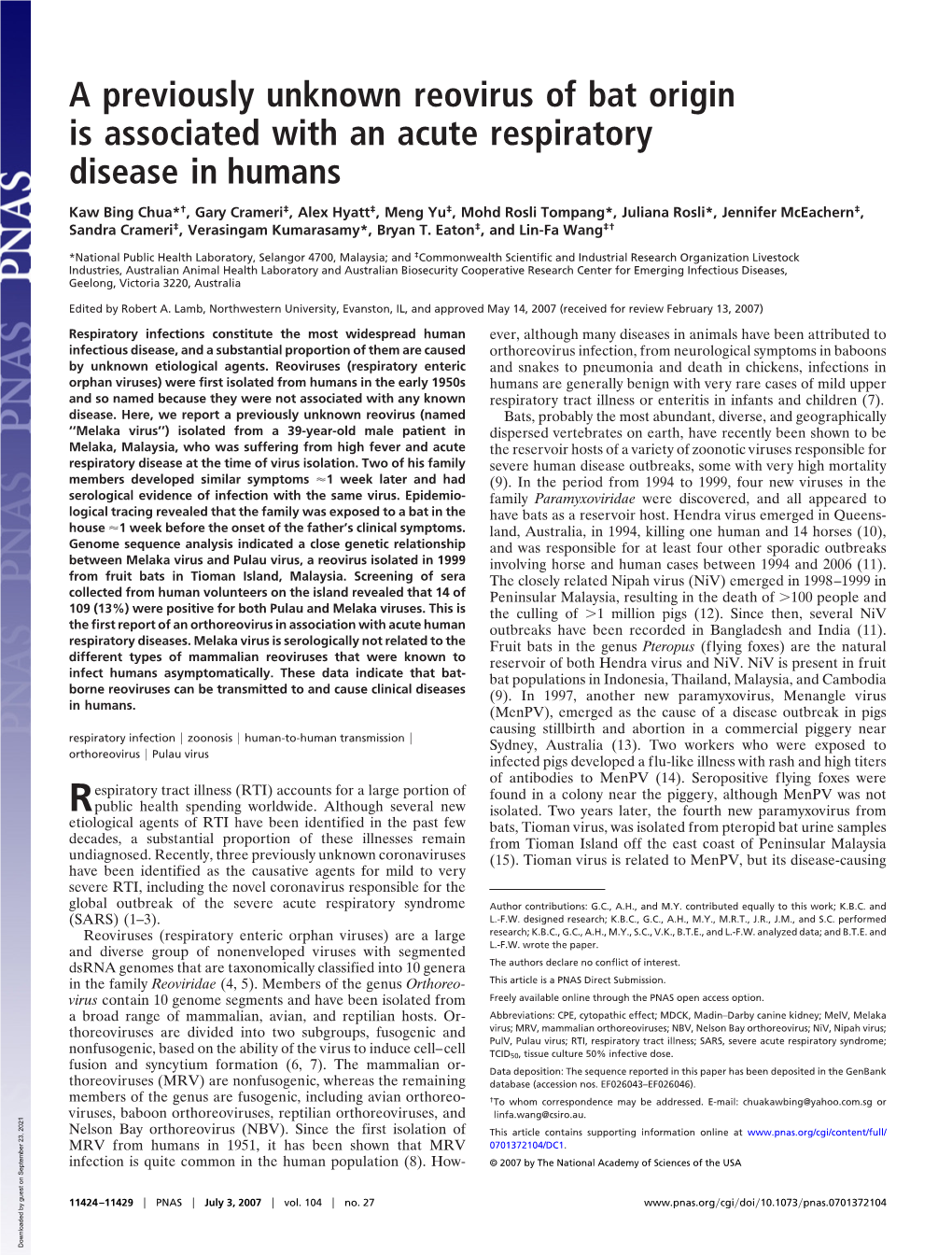 A Previously Unknown Reovirus of Bat Origin Is Associated with an Acute Respiratory Disease in Humans