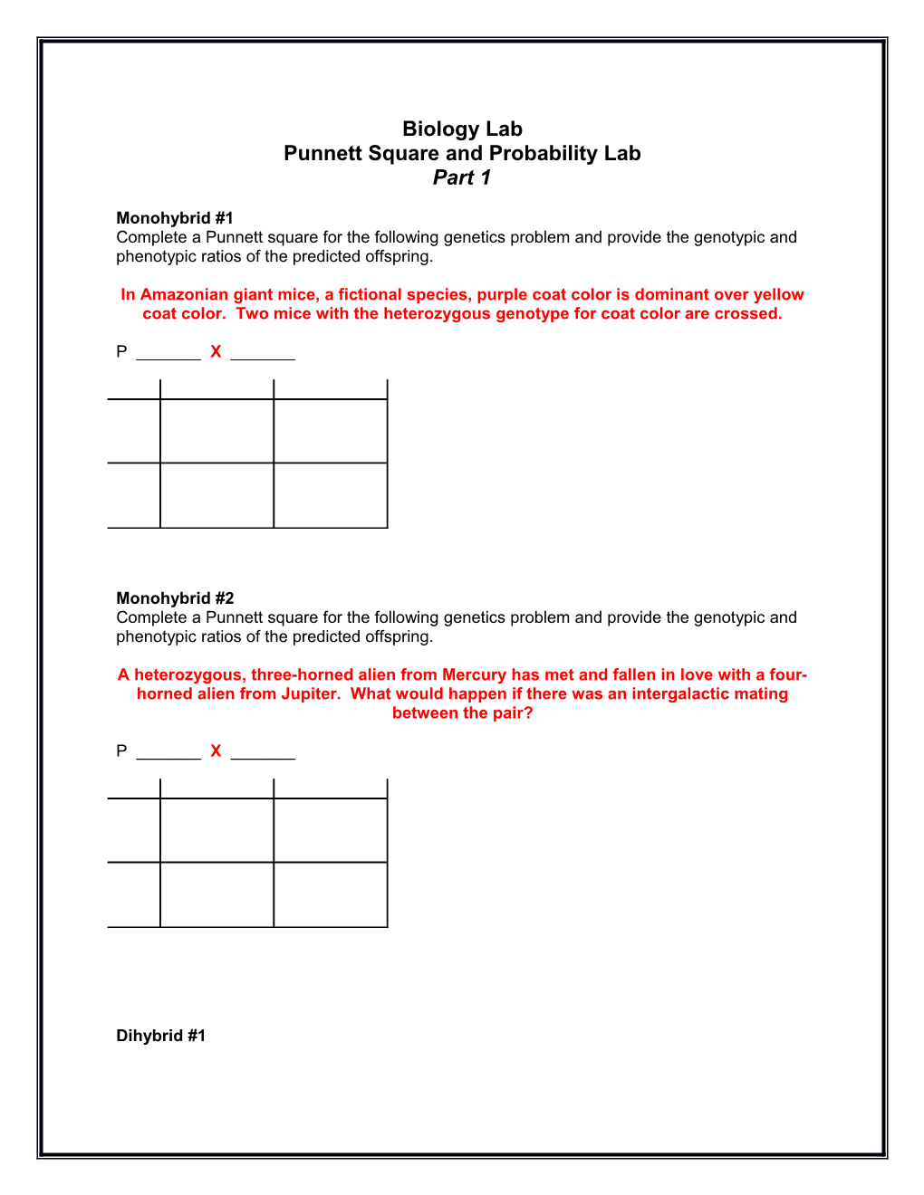 Punnett Squa Re and Probability Lab