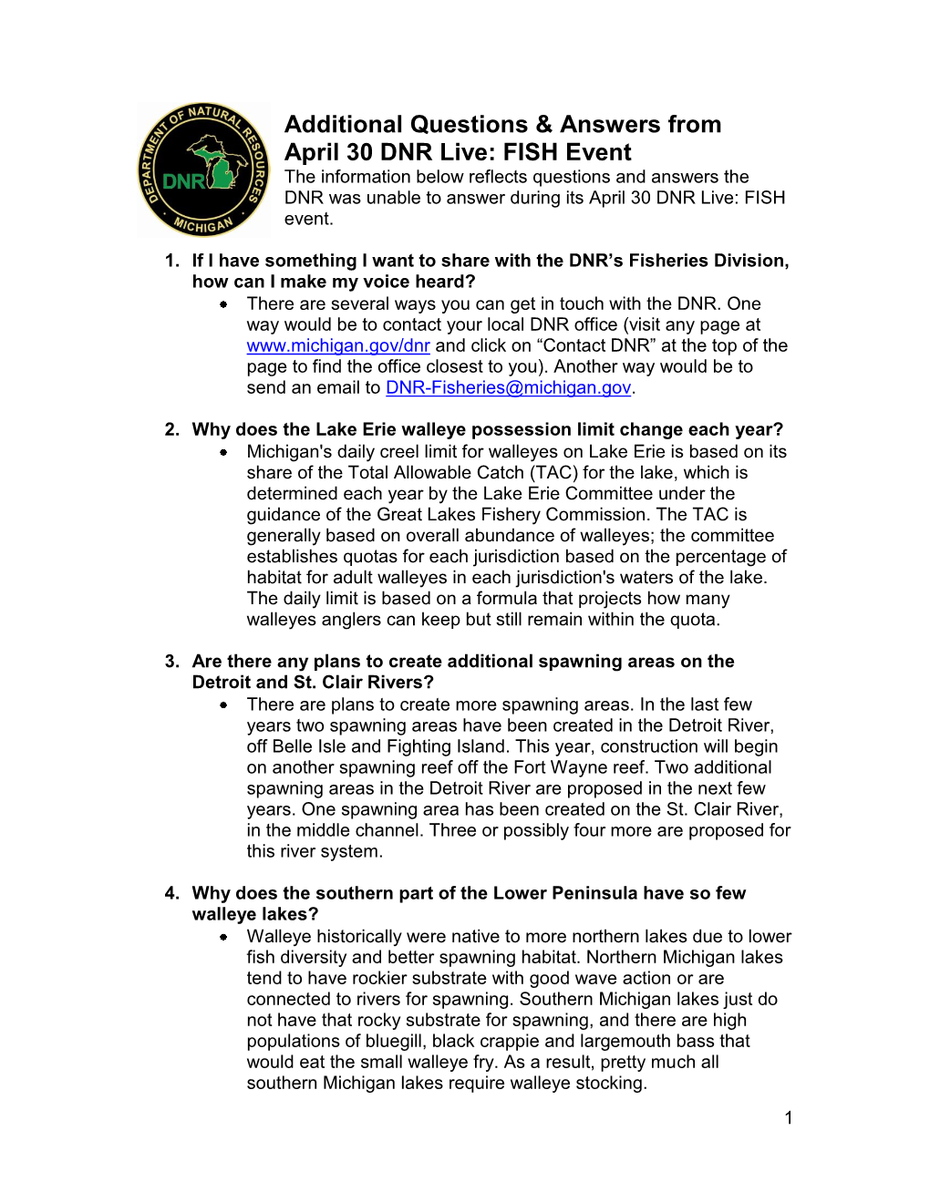 Additional Questions-And-Answers from April 30 DNR Live: FISH Event