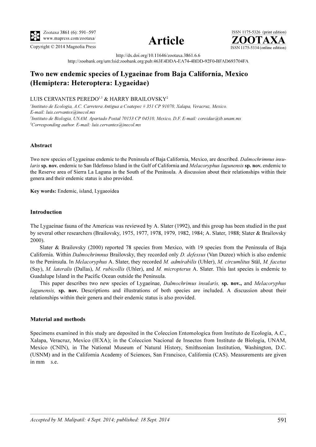 Two New Endemic Species of Lygaeinae from Baja California, Mexico (Hemiptera: Heteroptera: Lygaeidae)