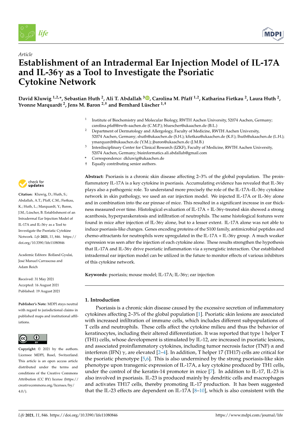 Establishment of an Intradermal Ear Injection Model of IL-17A and IL-36Γ As a Tool to Investigate the Psoriatic Cytokine Network