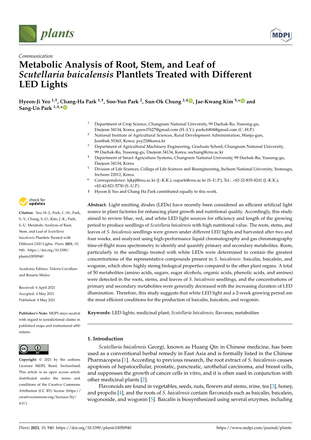 Metabolic Analysis of Root, Stem, and Leaf of Scutellaria Baicalensis Plantlets Treated with Different LED Lights