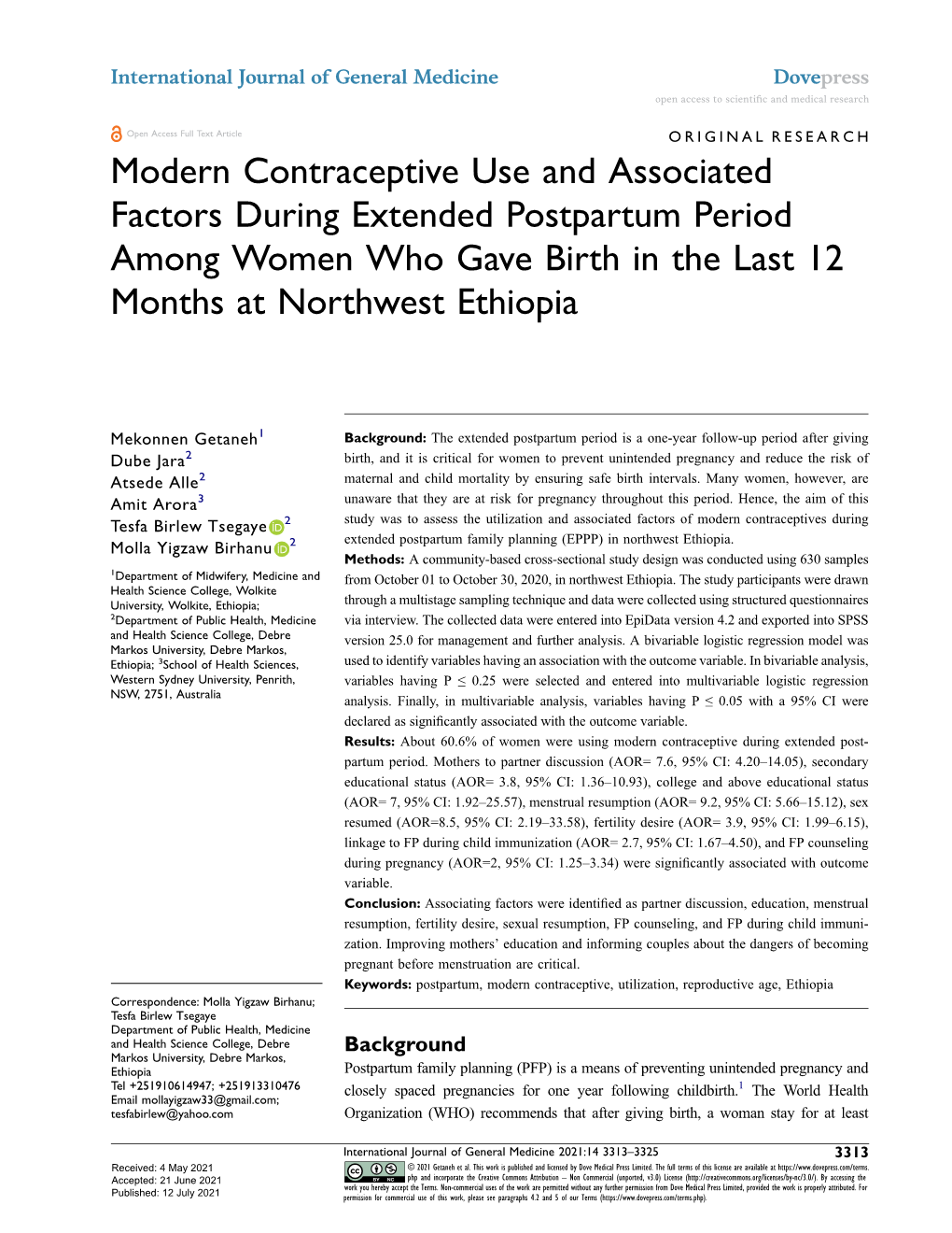 Modern Contraceptive Use and Associated Factors During Extended Postpartum Period Among Women Who Gave Birth in the Last 12 Months at Northwest Ethiopia