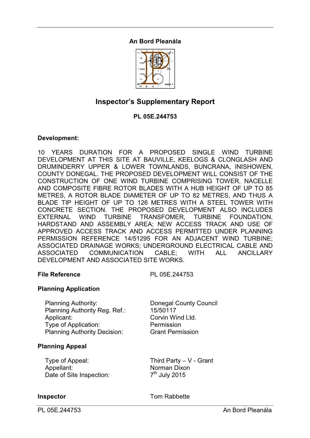 Inspector's Supplementary Report