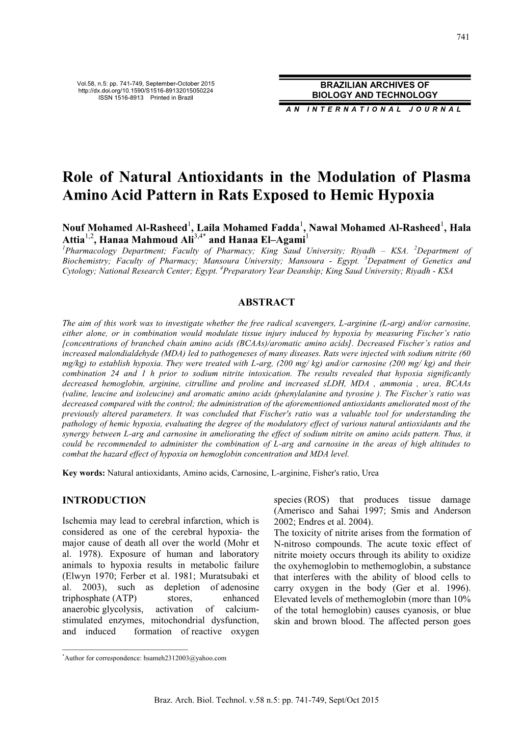 Role of Natural Antioxidants in the Modulation of Plasma Amino Acid Pattern in Rats Exposed to Hemic Hypoxia