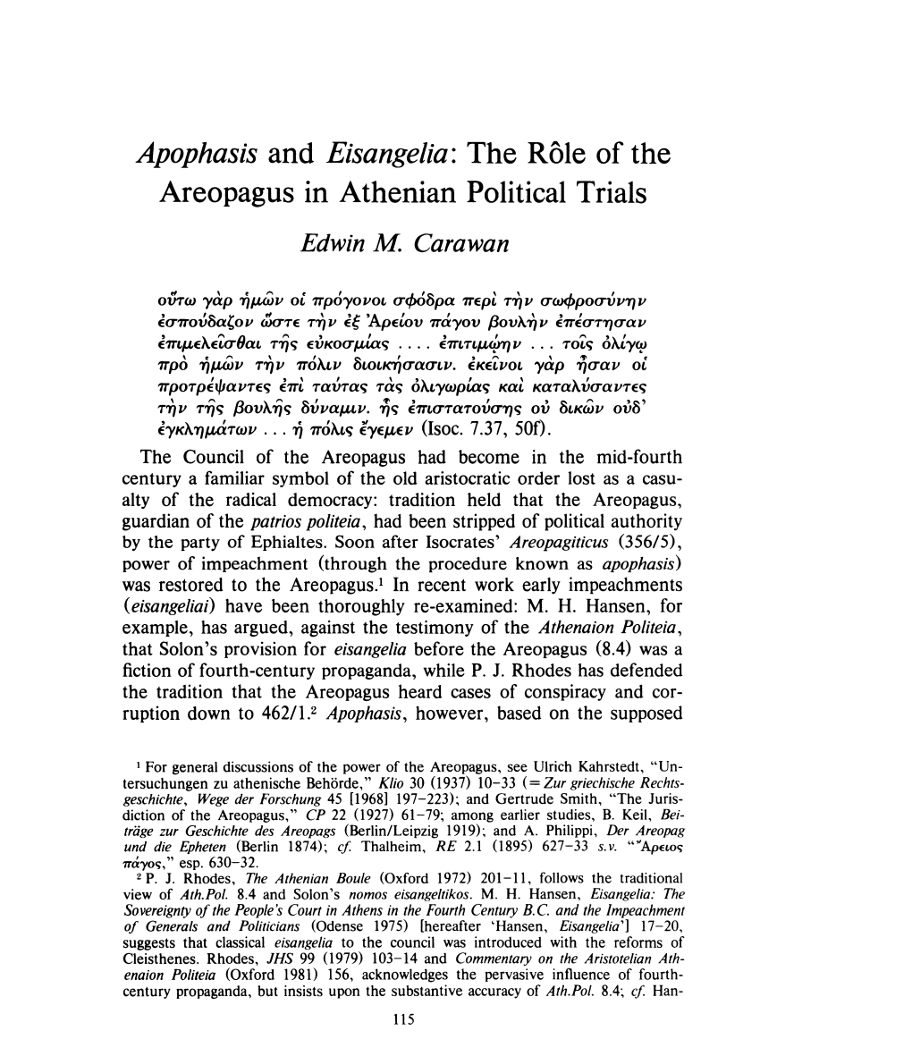 Apophasis and Eisangelia: the Role of the Areopagus in Athenian Political Trials Edwin M Carawan