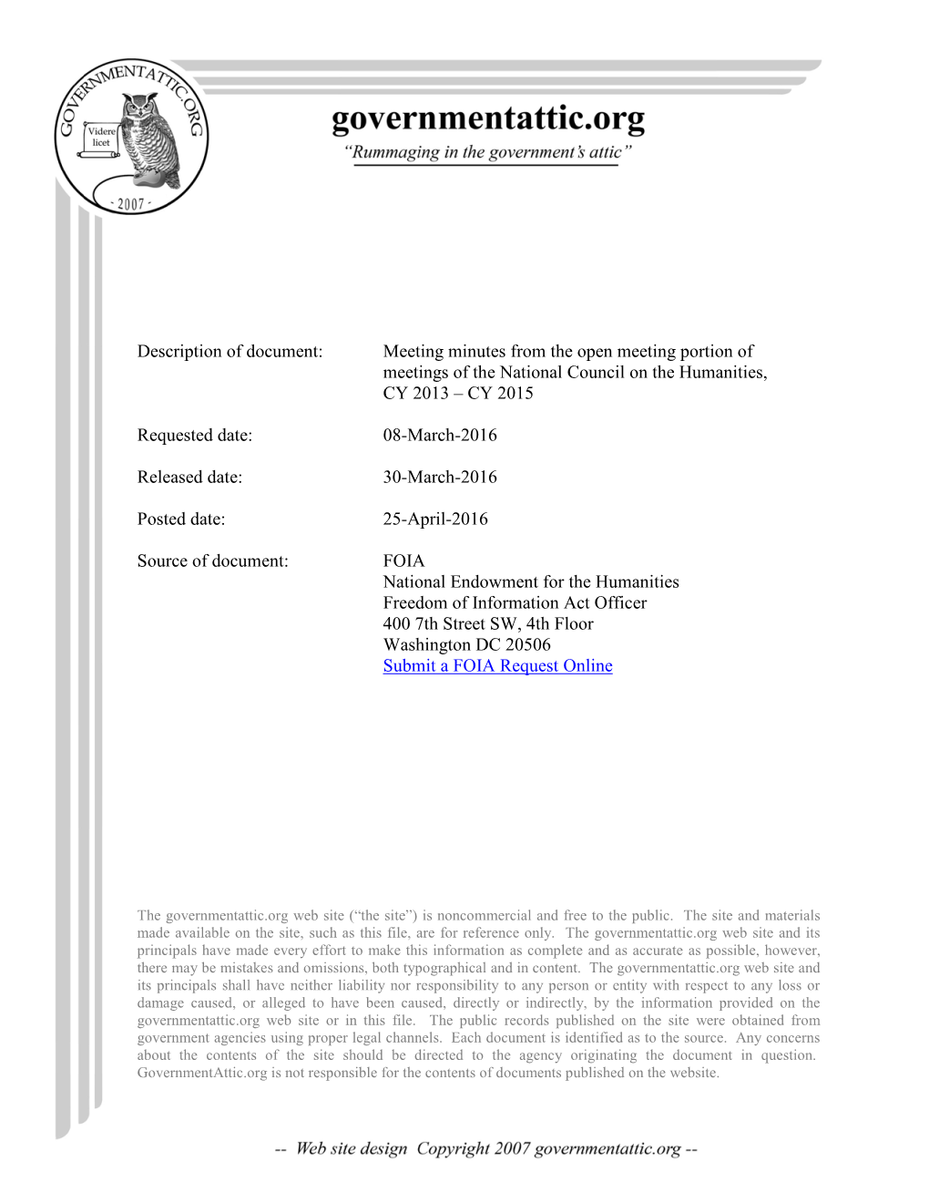 Meeting Minutes from the Open Meeting Portion of Meetings of the National Council on the Humanities, CY 2013 – CY 2015