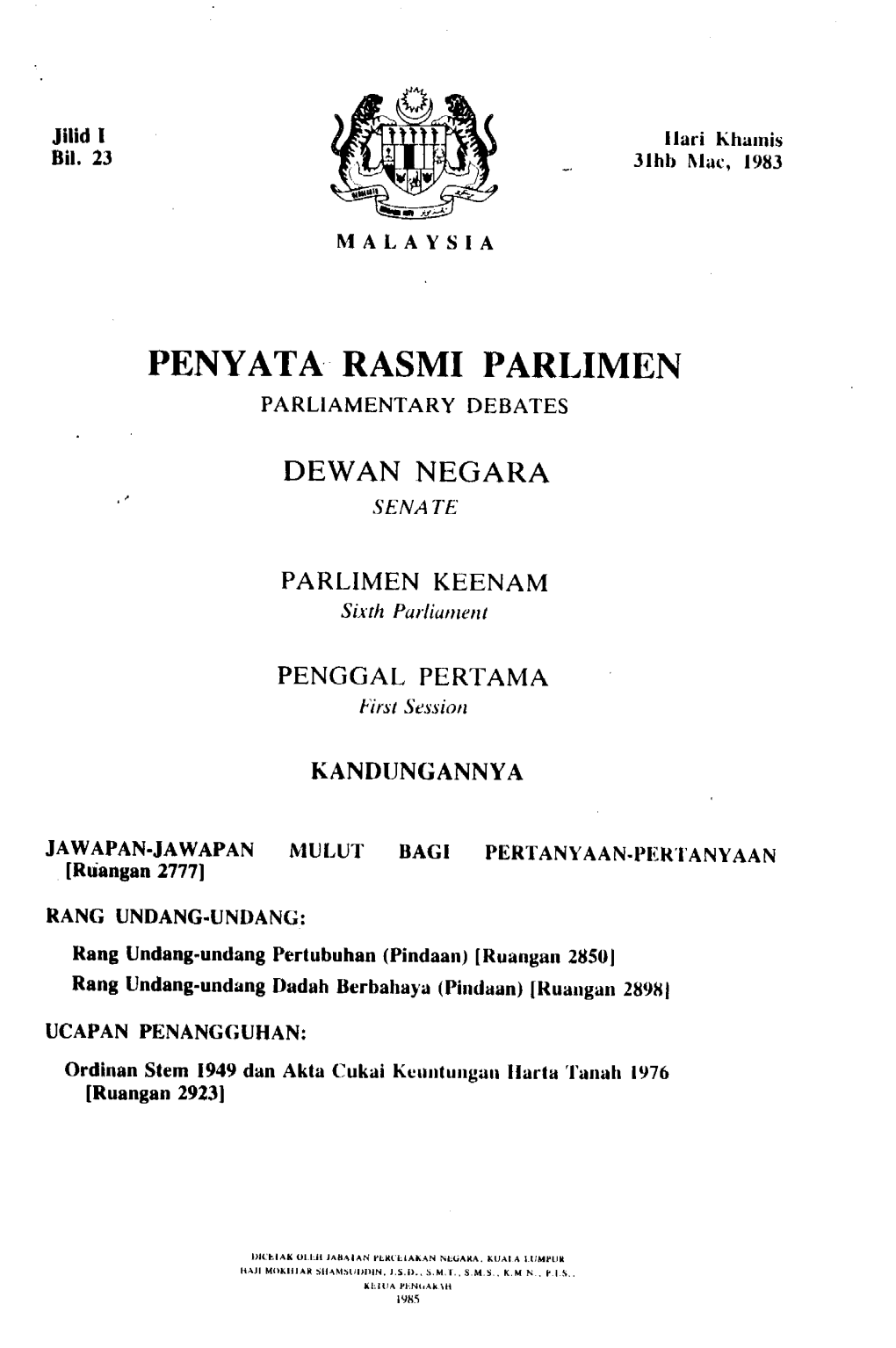 Peny Ata Rasmi Parlimen Parliamentary Debates