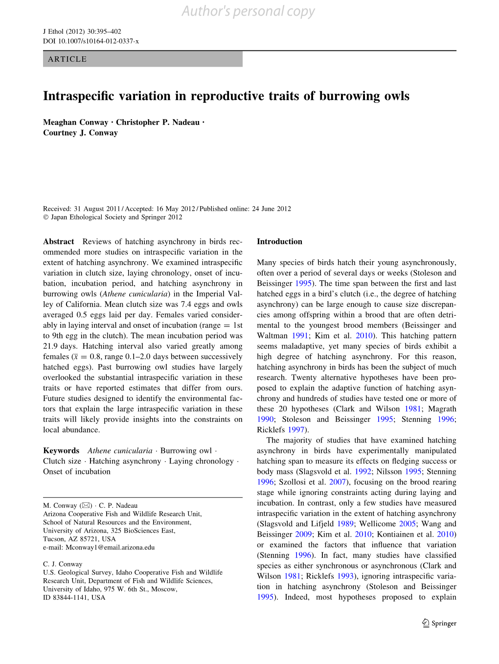 Intraspecific Variation in Reproductive Traits of Burrowing Owls