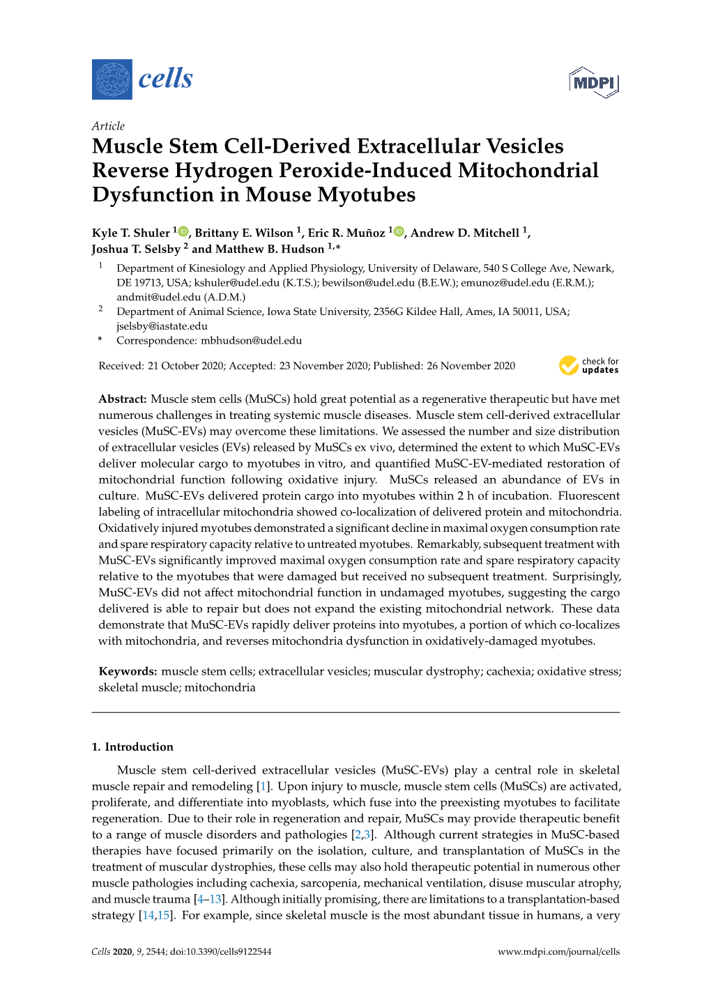 Muscle Stem Cell-Derived Extracellular Vesicles Reverse Hydrogen Peroxide-Induced Mitochondrial Dysfunction in Mouse Myotubes