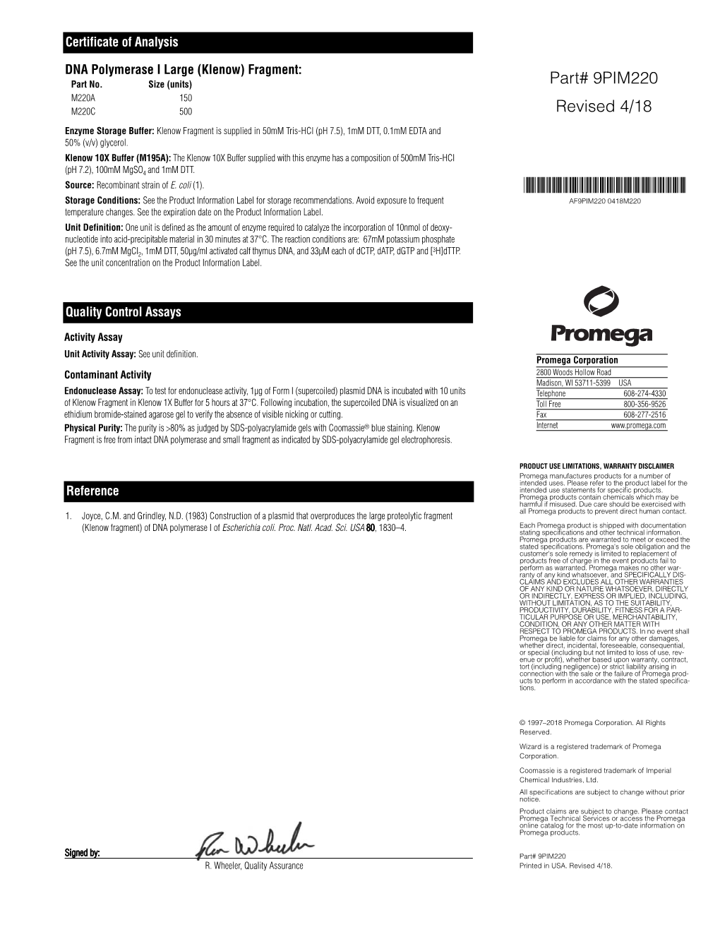 DNA Polymerase I Large (Klenow) Fragment: Part No