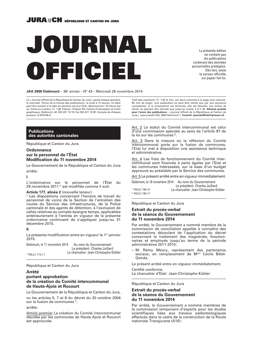 Journal Officiel No 43 Du 26.11.2014