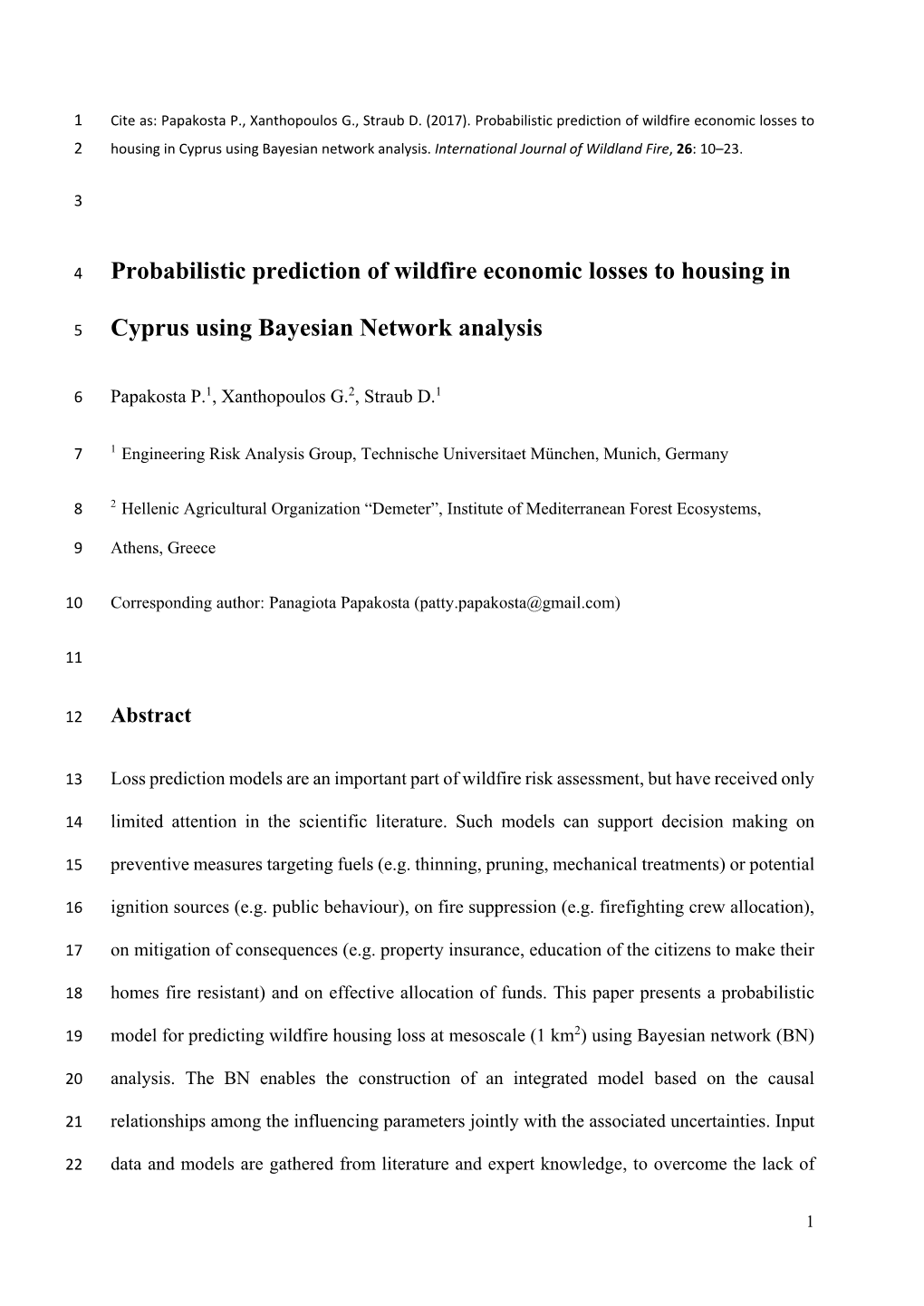 Probabilistic Prediction of Wildfire Economic Losses to 2 Housing in Cyprus Using Bayesian Network Analysis