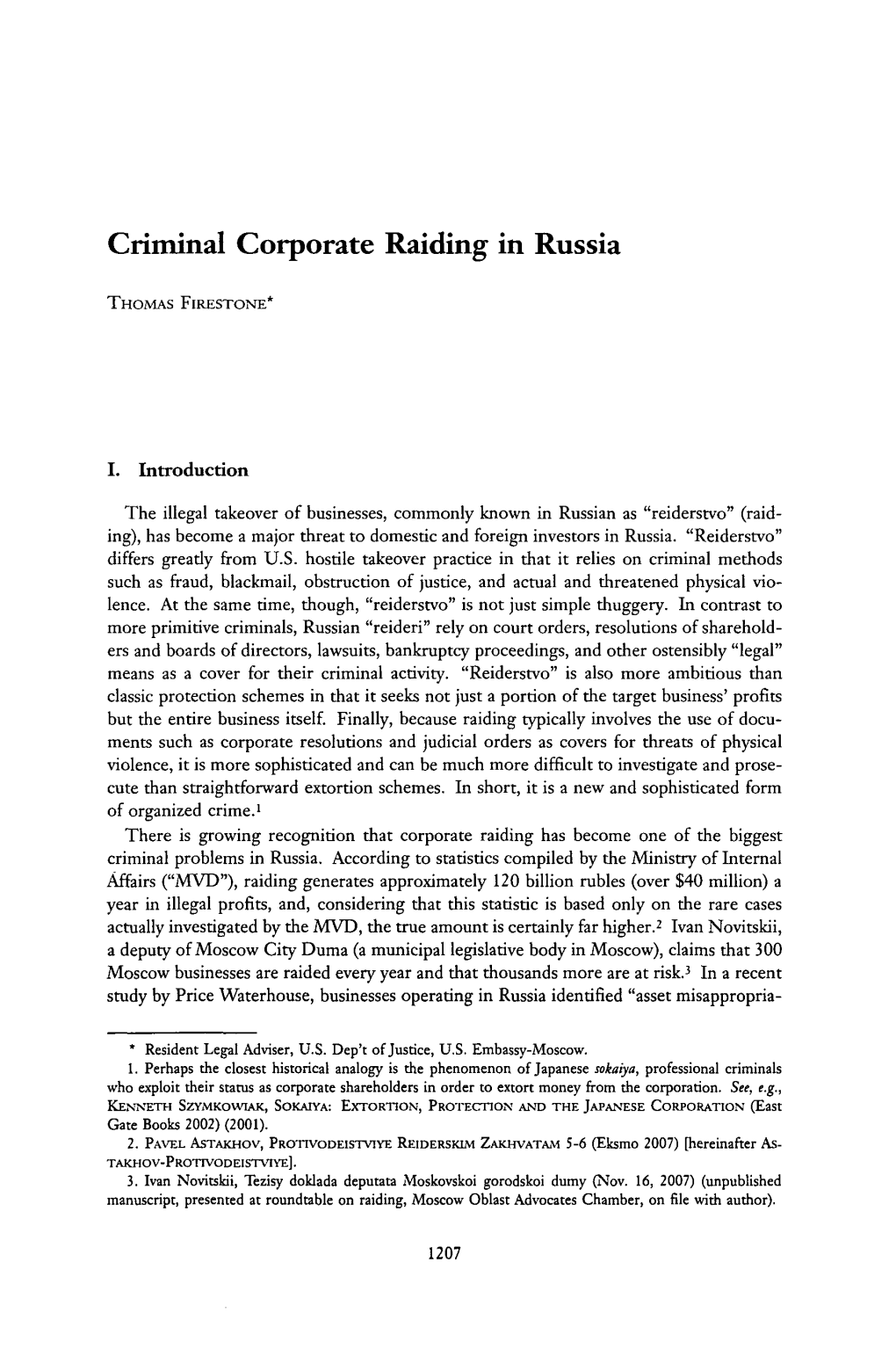 Criminal Corporate Raiding in Russia