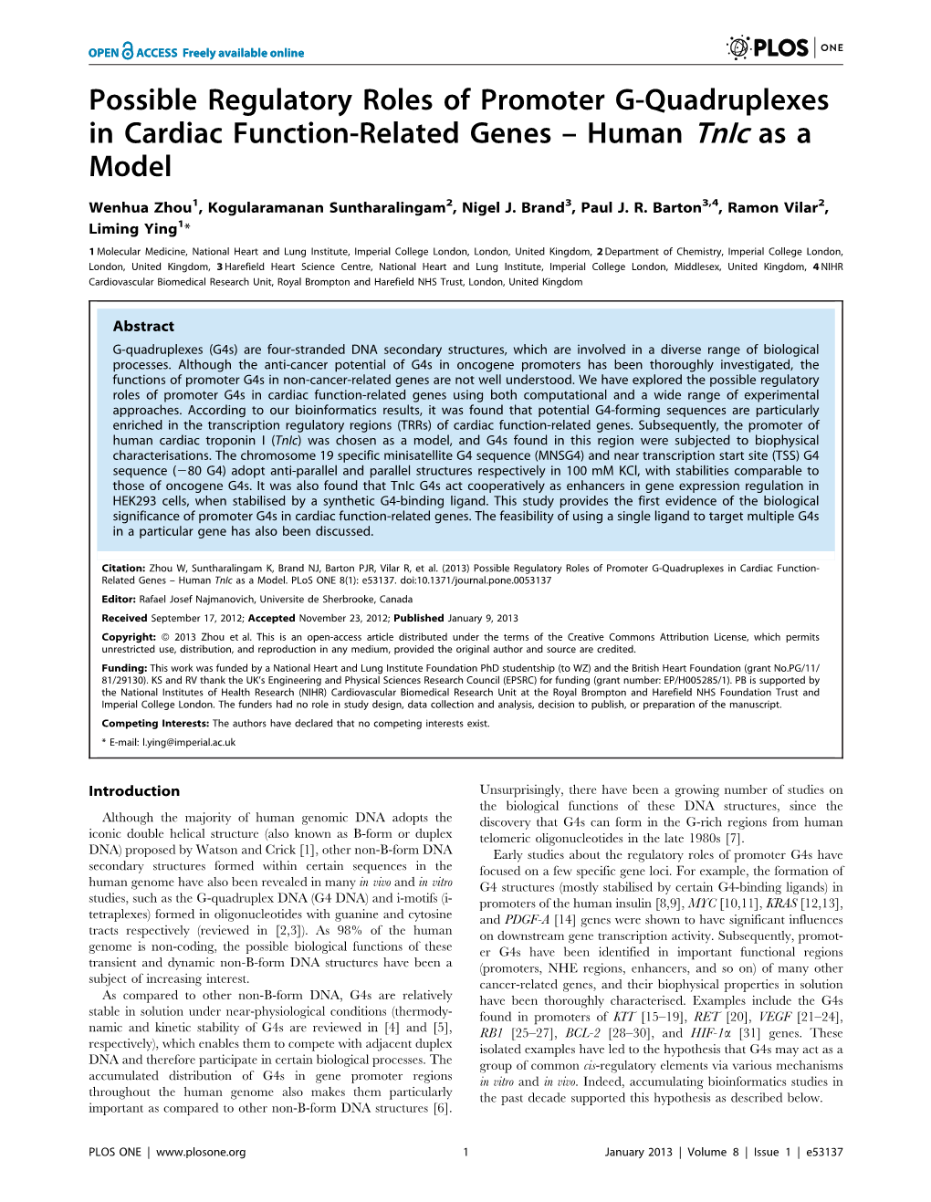 Possible Regulatory Roles of Promoter G-Quadruplexes in Cardiac Function-Related Genes – Human Tnic As a Model