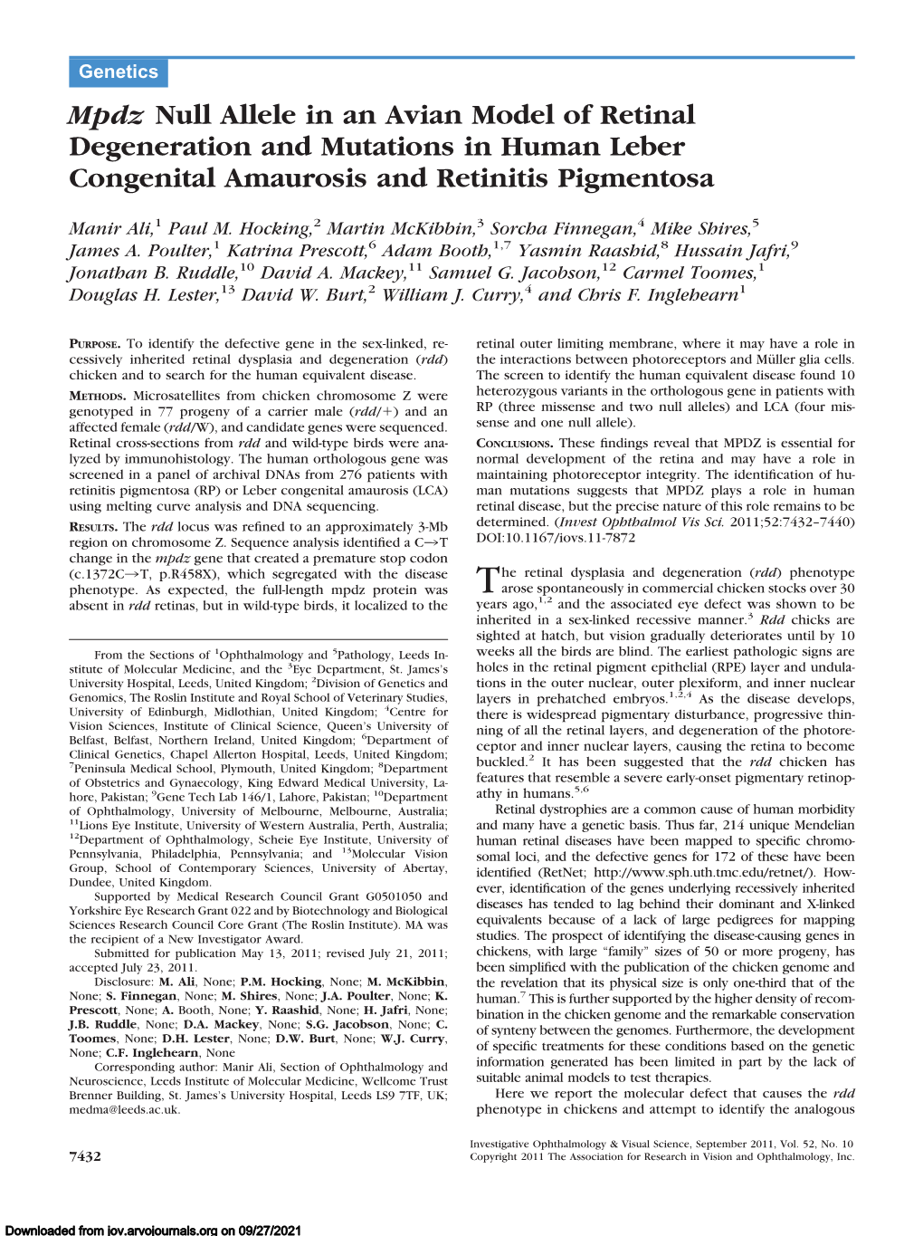 Mpdz Null Allele in an Avian Model of Retinal Degeneration and Mutations in Human Leber Congenital Amaurosis and Retinitis Pigmentosa