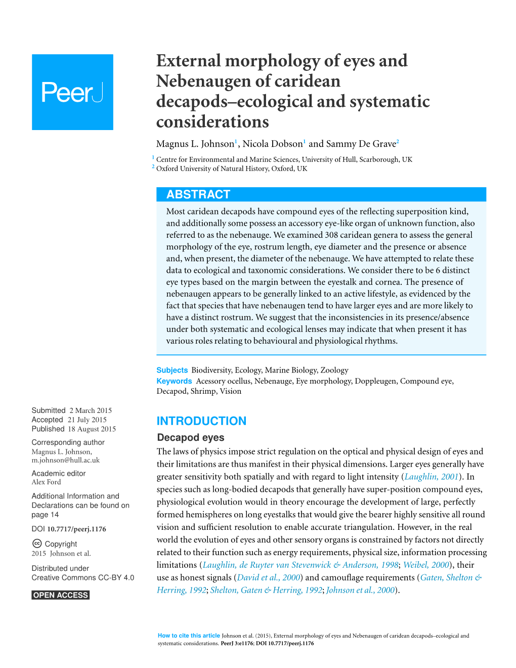 External Morphology of Eyes and Nebenaugen of Caridean Decapods–Ecological and Systematic Considerations Magnus L