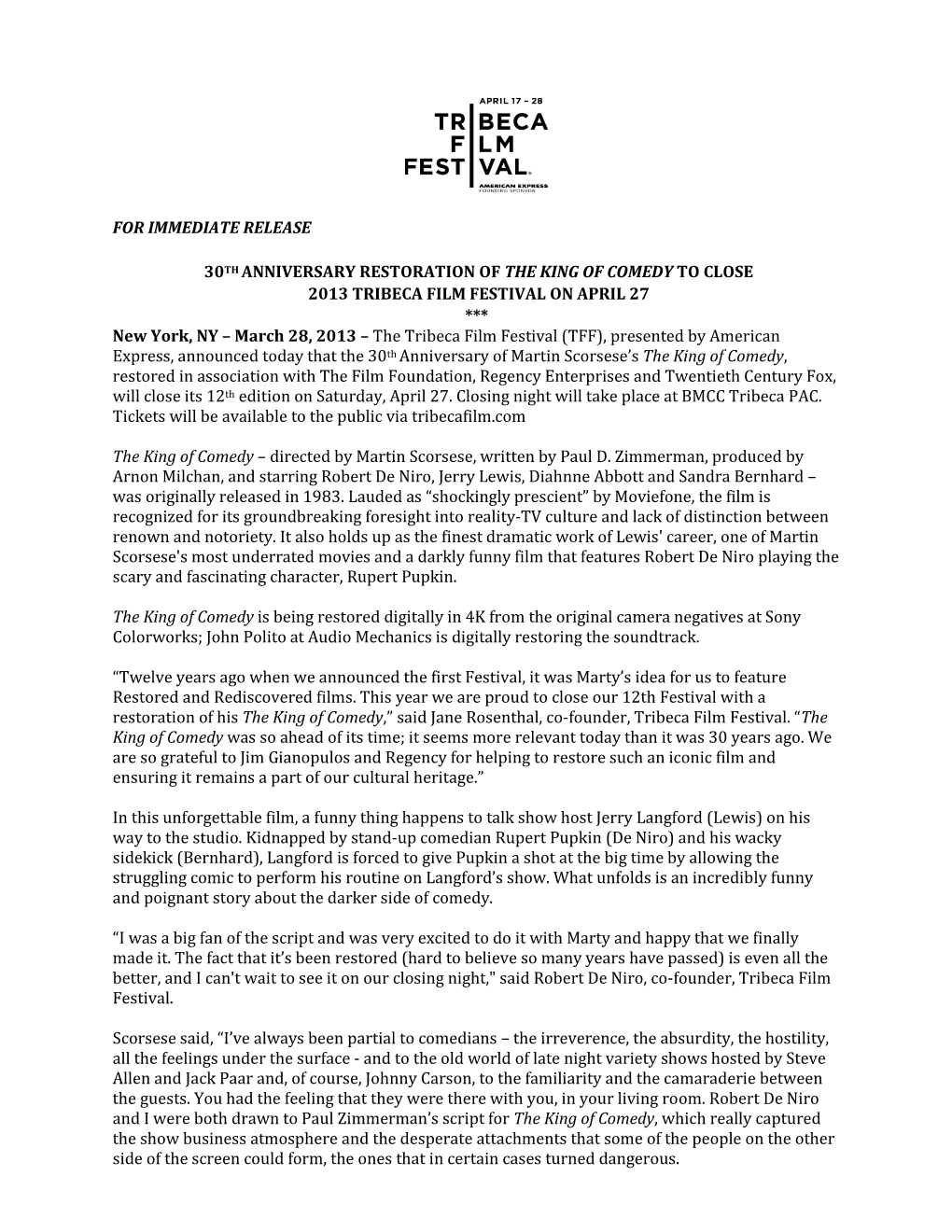 For Immediate Release 30Th Anniversary Restoration Of