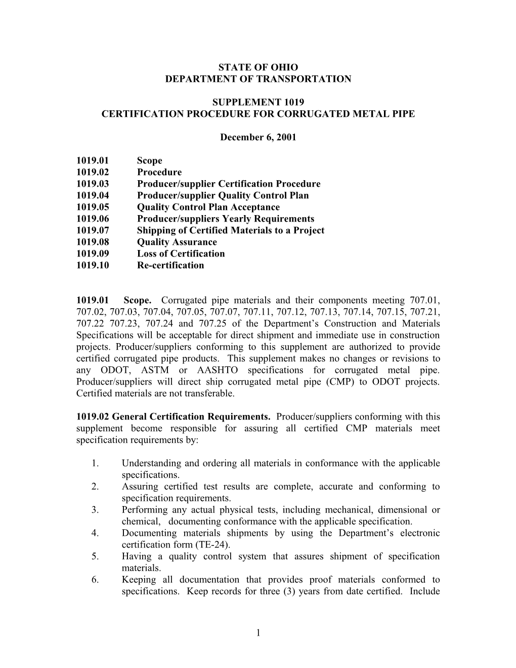 Certification Procedure for Corrugated Metal Pipe