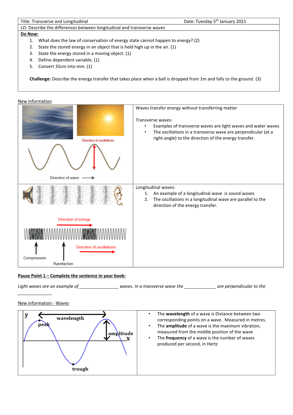 Transverse and Longitudinal Date: Tuesday 5Th January 2021 LO: Describe the Differences Between Longitudinal and Transverse Waves Do Now: 1