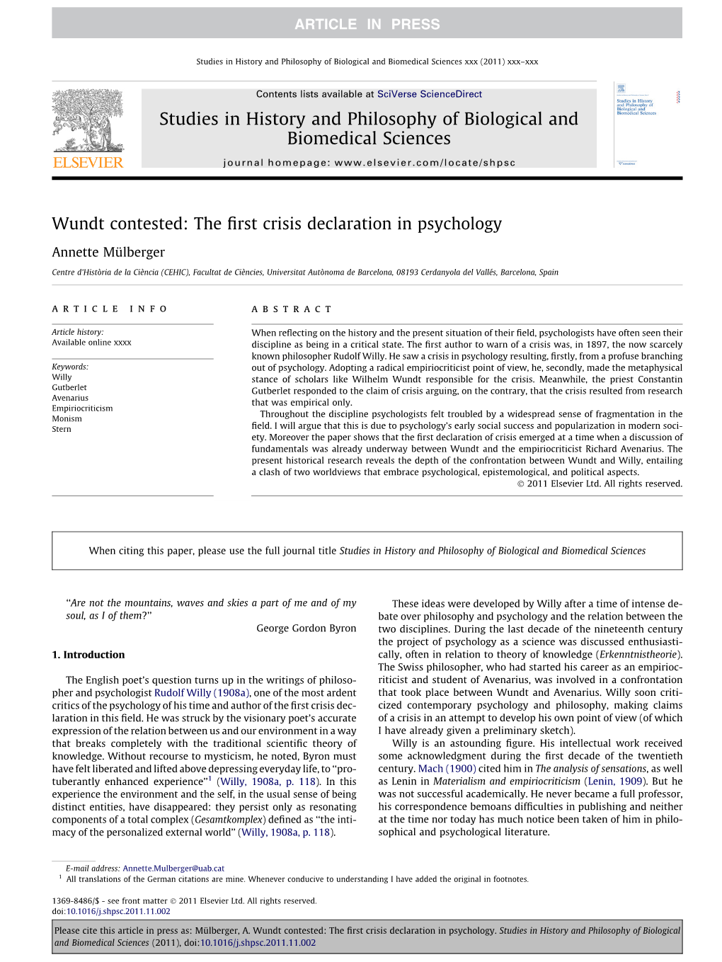 Wundt Contested: the ﬁrst Crisis Declaration in Psychology