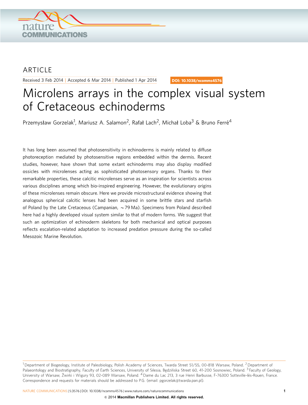 Microlens Arrays in the Complex Visual System of Cretaceous Echinoderms