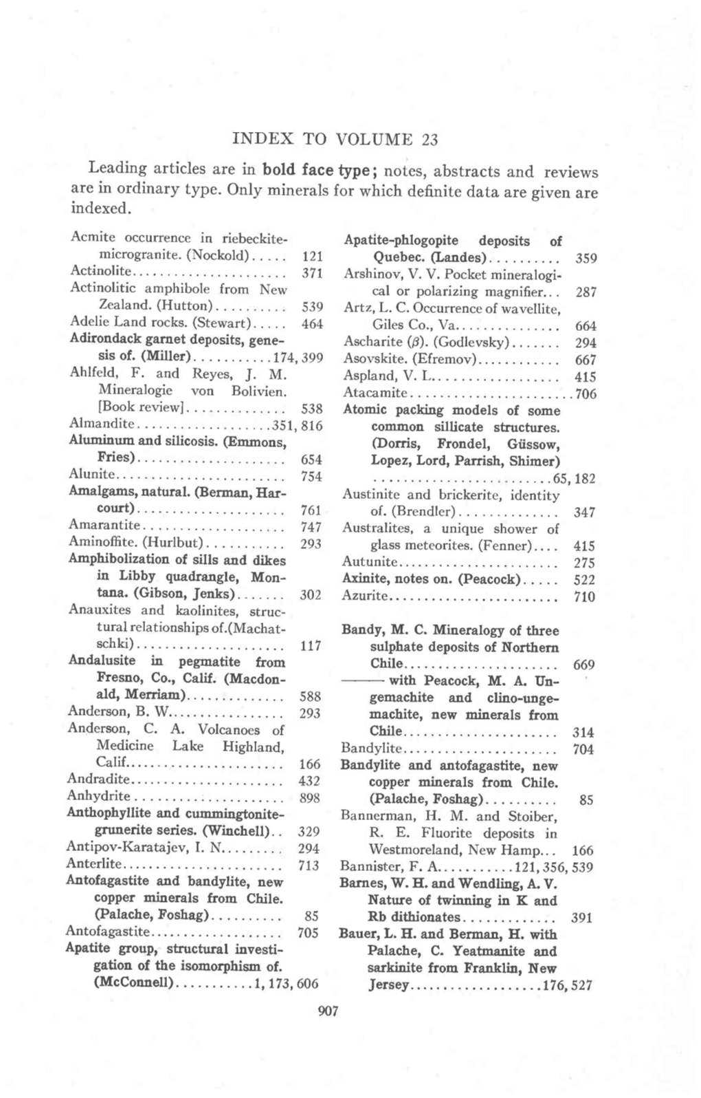 Notes, Abstracts and Reviews Are in Ordinary Type. Only Minerals for Which Definite Data Are Given Are Indexed