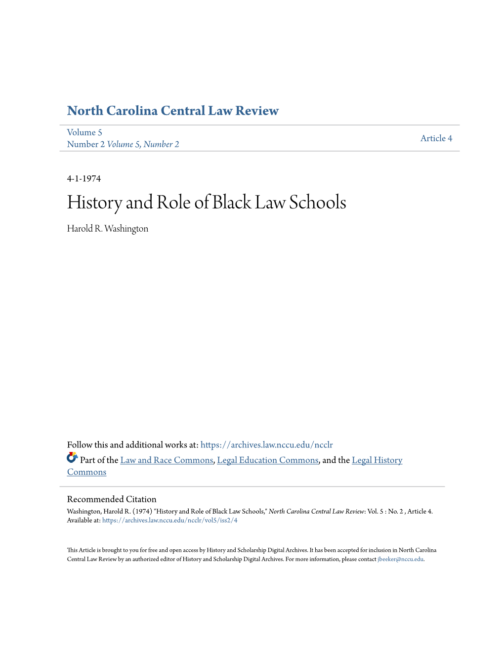 History and Role of Black Law Schools Harold R