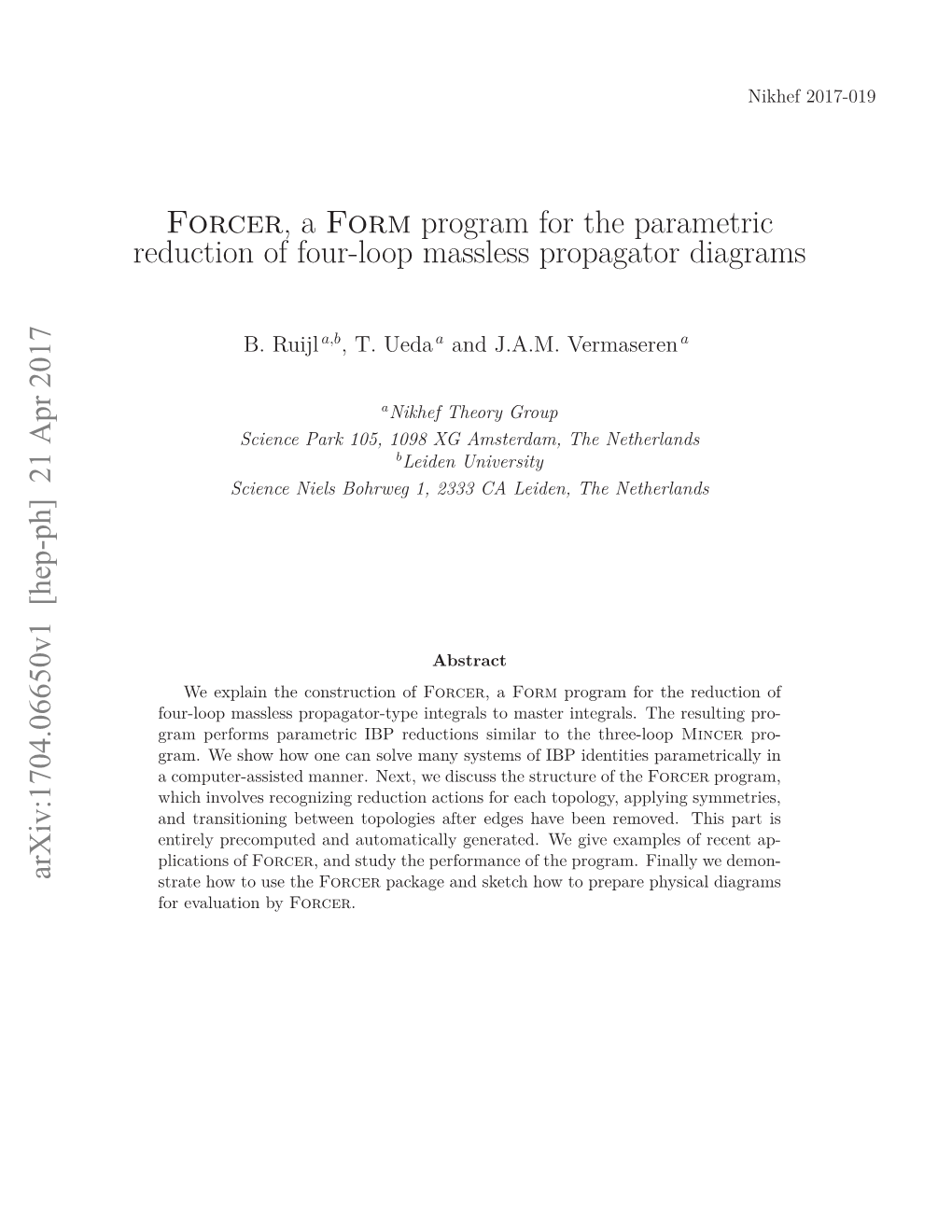 Forcer, a Form Program for the Parametric Reduction of Four-Loop Massless Propagator Diagrams